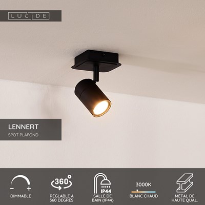 Lucide LENNERT - Spot plafond Salle de bains - LED Dim. - GU10 - 1x5W 3000K - IP44 - Noir